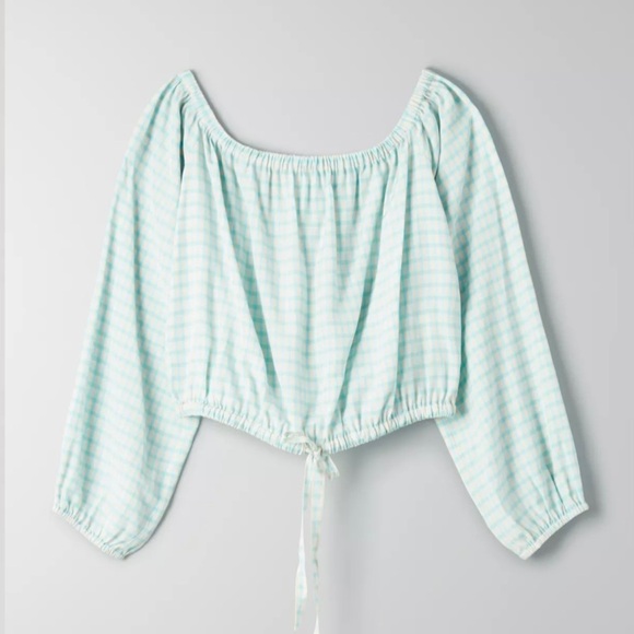 ARITZIA Off-the-shoulder Blouse in lightweight Japanese crepe, blue/white - Picture 3 of 8
